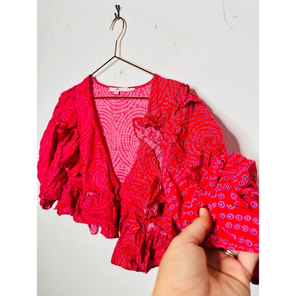 RHODE Red Printed 100% Cotton Short Sleeve V-Neckline Puff Sleeves Top size XL - Picture 11 of 16